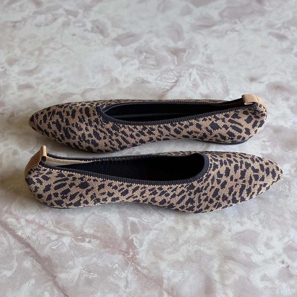 Breifola Leopard Print Pointed Toe Knit Ballet Flats